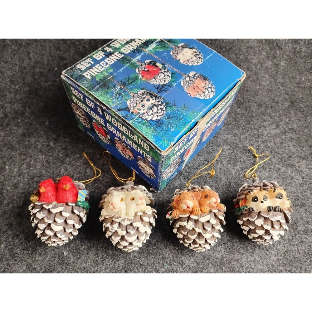 Woodland Pinecone Ornaments Raccoon Bunny Birds Mice Resin Baby Animal Vintage